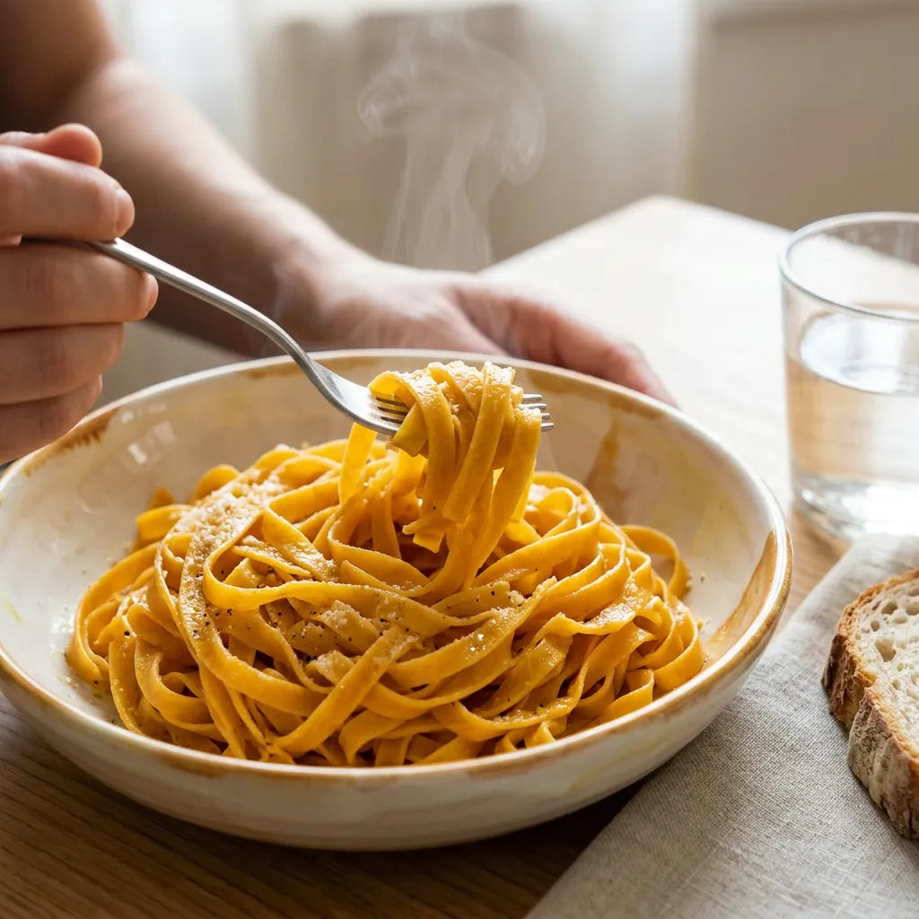 Persone mangiano Tagliatelle LEGÙ con mais bianco e ceci appena scolate e fumanti, pasta di legumi senza glutine e ricca di proteine vegetali in un contesto conviviale.