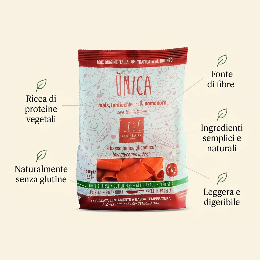 Infografica dei paccheri ÙNICA di LEGÙ, con mais, lenticchie rosse e pomodoro, che evidenza benefici come: ricca di proteine vegetali, naturalmente senza glutine, fonte di fibre, ingredienti semplici e naturali, leggera e digeribile.