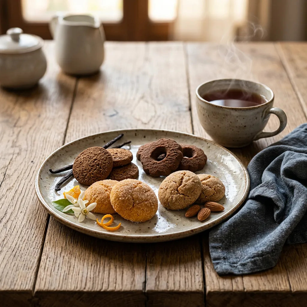 Biscotti e pasticcini assortiti LEGÙ su un piatto bianco, alcuni al cacao e altri chiari, con vaniglia e agrumi. Prodotti da forno di legumi, senza glutine e con proteine vegetali.