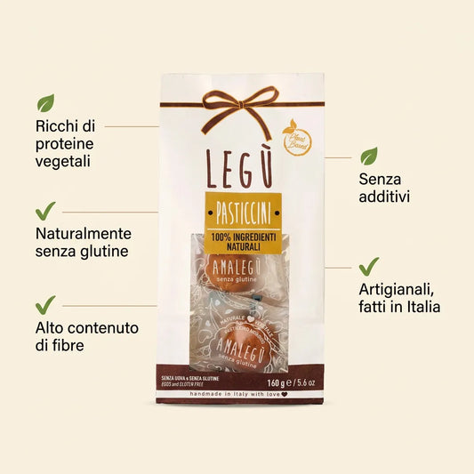 Infographic with LEGÙ Legume and Almond Pastries, with icons highlighting benefits: rich in plant-based protein, naturally gluten-free, high in fiber, no additives, handmade, and made in Italy.