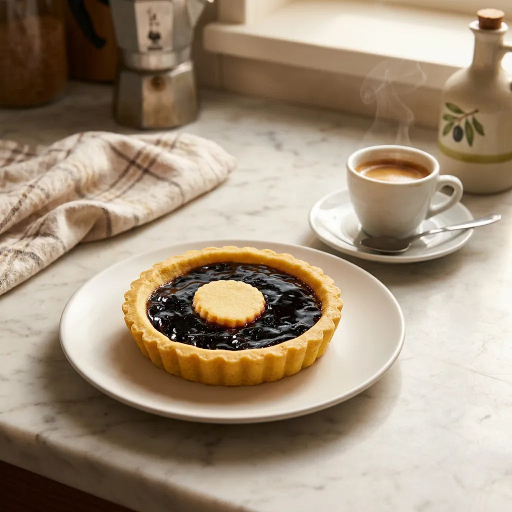 Crostatina ai frutti di bosco LEGÙ con base di pasta frolla ai legumi, riempita di glassa scura e decorata con un biscotto tondo al centro, su un piatto bianco accanto a una tazzina di caffè fumante. Un dolce senza glutine e con proteine vegetali.