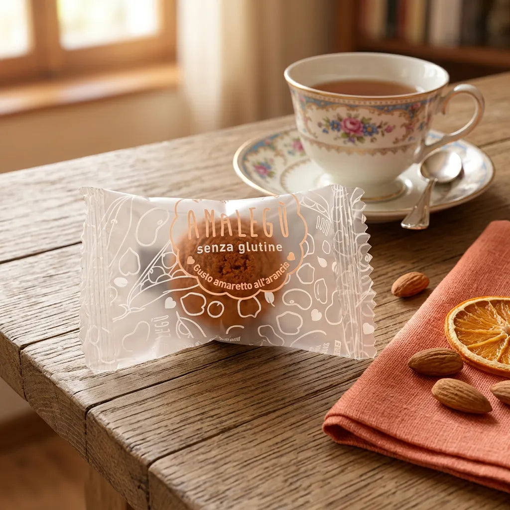 Pasticcini morbidi all'arancia LEGÙ in confezione trasparente, su un tavolo di legno rustico, con tazza di tè, mandorle e arancia secca. Senza glutine, a base di legumi e ricco di proteine vegetali.