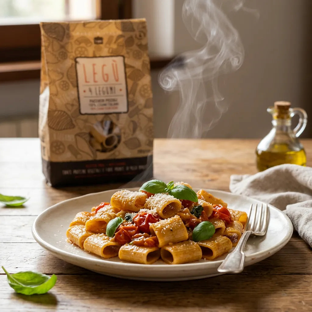 Paccheri Piccoli 4 Legumi LEGÙ conditi con pomodorini, basilico e parmigiano, fumanti su un piatto, ideali per una dieta senza glutine e ricca di proteine vegetali.