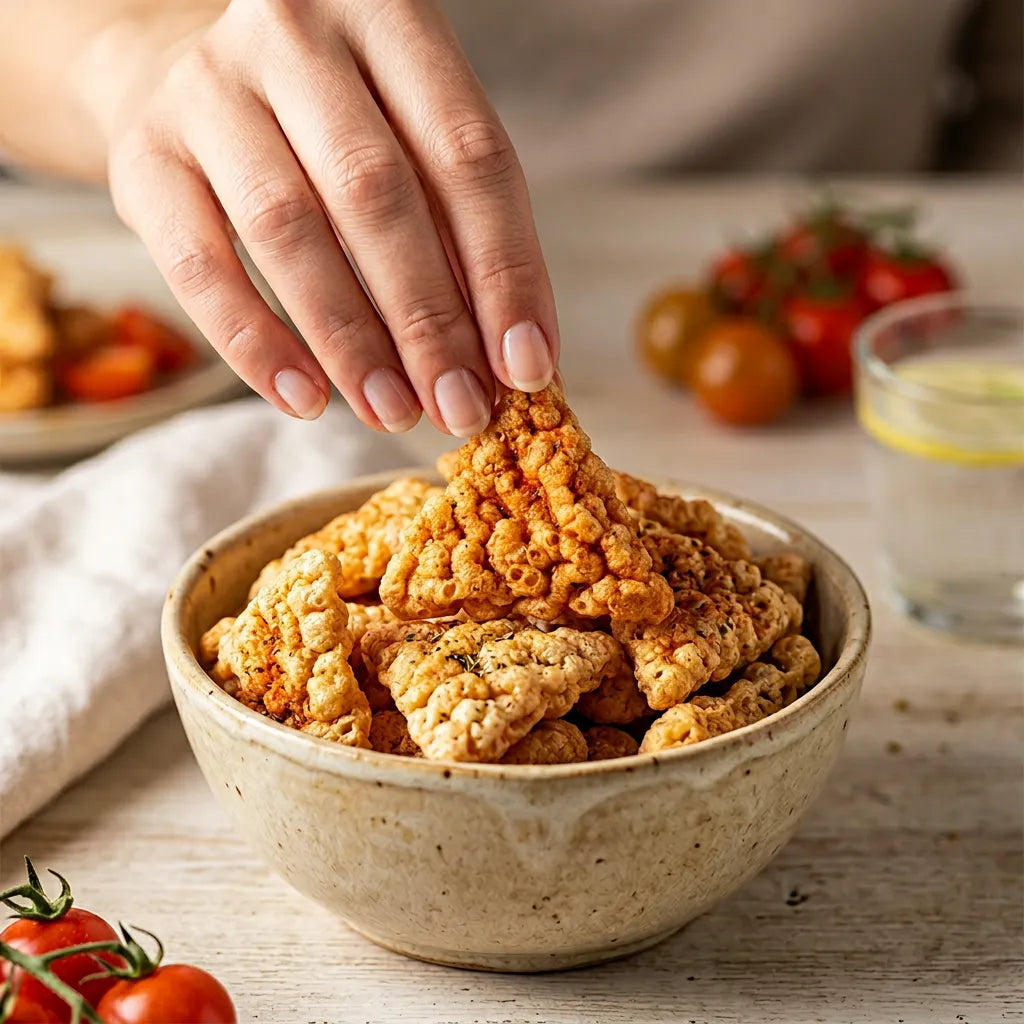 Mano che prende Triangoli Pizzaiola LEGÙ da una ciotola, snack di legumi senza glutine ricco di proteine vegetali.