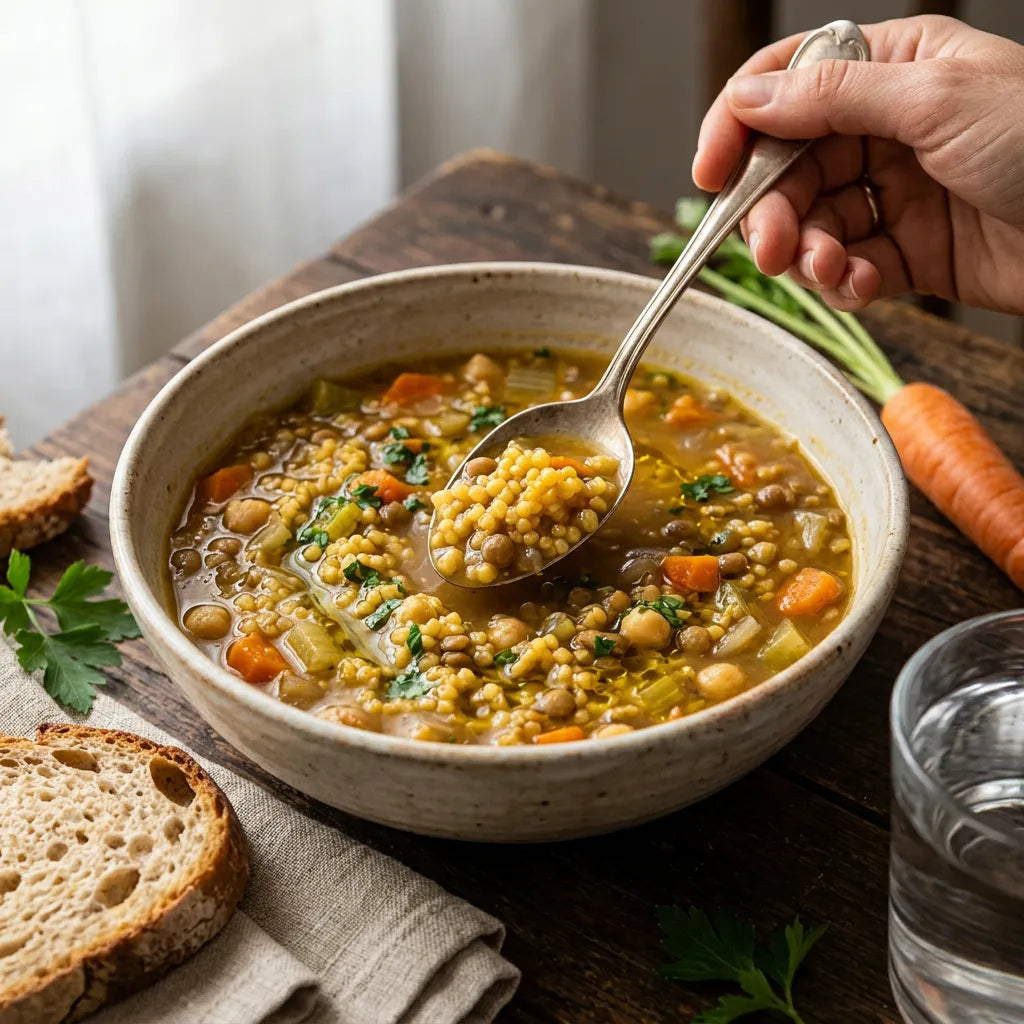 Primo piano di una ciotola di Tempestina Legumi e Miglio LEGÙ, minestra calda con lenticchie e pasta, perfetta fonte di proteine vegetali e senza glutine.