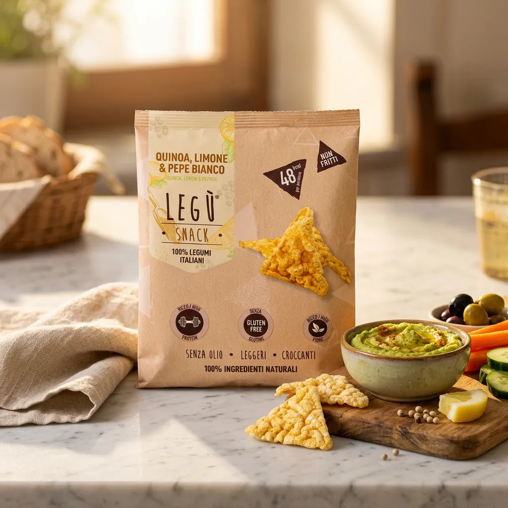 Confezione di triangoli Quinoa, Limone & Pepe Bianco LEGÙ in un contesto ambientato, snack di legumi senza glutine e ad alto contenuto di proteine vegetali.