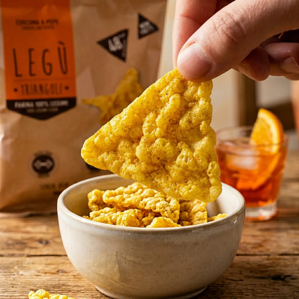 Una mano prende un Triangolo LEGÙ Curcuma & Pepe da una ciotola, con la confezione di legumi legu sullo sfondo. Snack senza glutine e ricco di proteine vegetali.