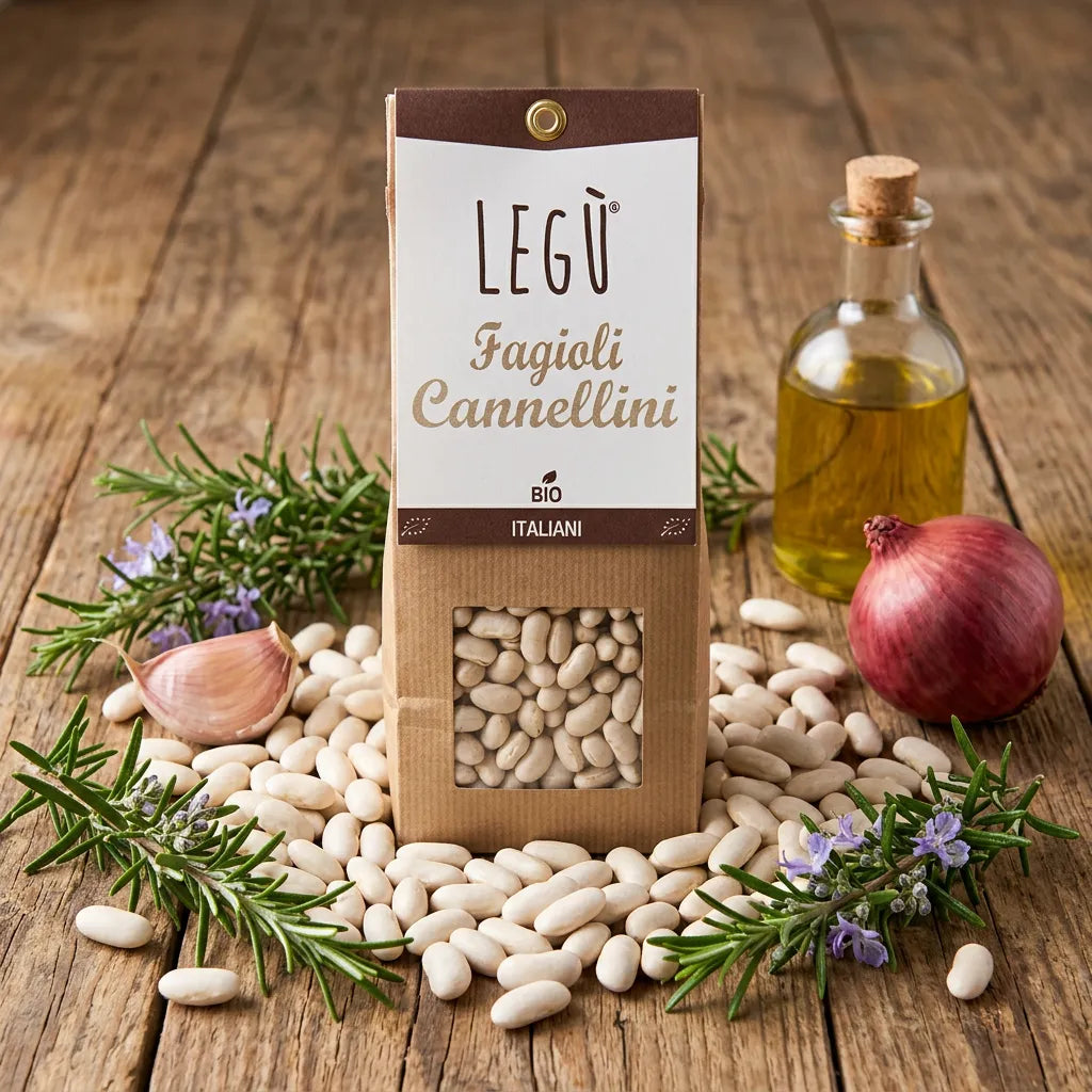 Envase de alubias cannellini ecológicas LEGÙ, legumbres italianas ricas en proteínas vegetales, con guarnición de romero, ajo, cebolla roja y aceite de oliva.