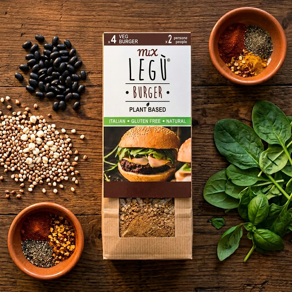 Confezione Legù Mix Burger, plant-based e senza glutine, su tavolo di legno con legumi, spezie e spinaci freschi. Proteine vegetali dal gusto italiano.