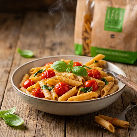 Penne BIO LEGÙ con lenticchie gialle e ceci, condite con pomodorini freschi e basilico in una ciotola rustica su legno. Sfumando vapore caldo è ricco di proteine vegetali e senza glutine.