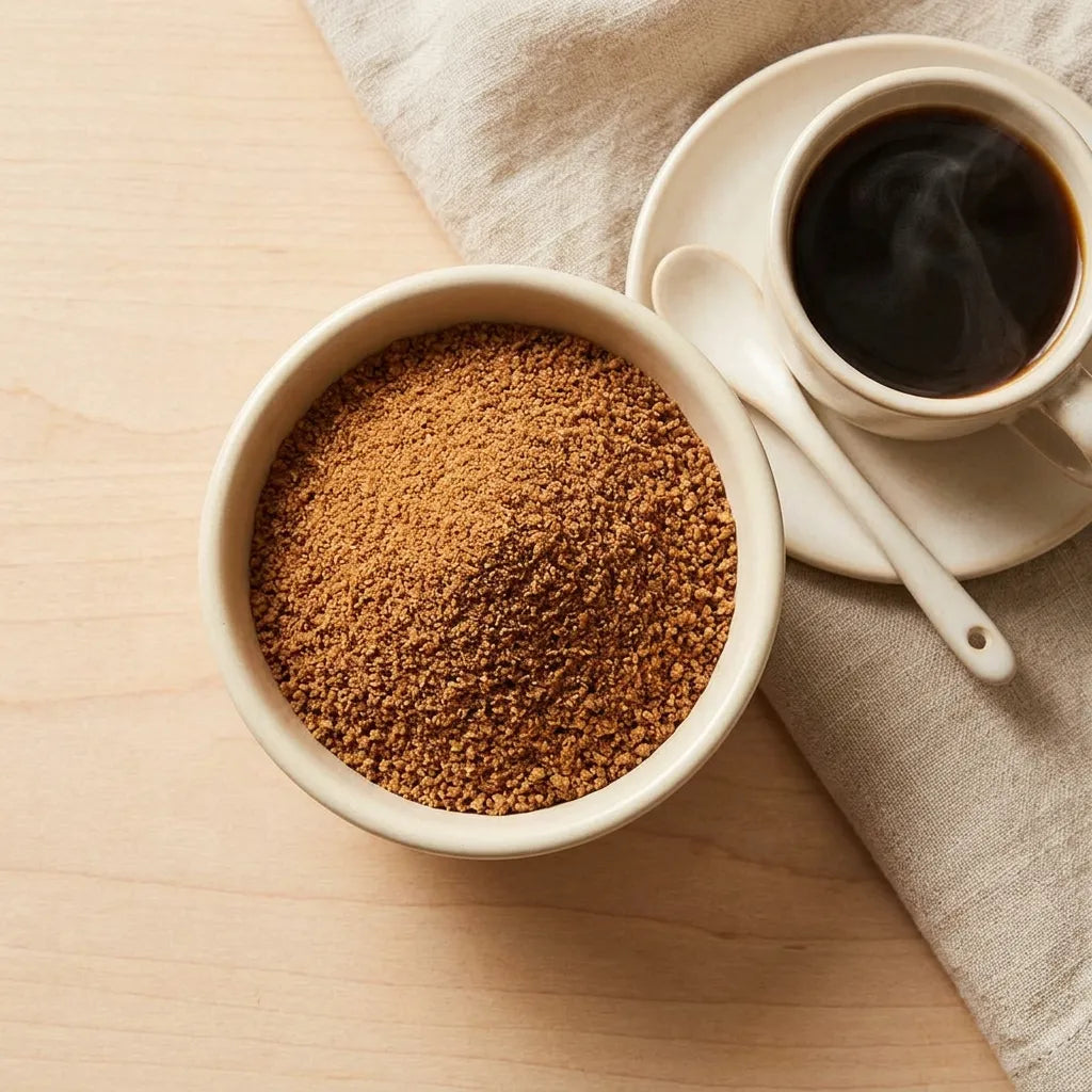 Zucchero di cocco naturale LEGÙ in una ciotola di ceramica accanto a una tazza di caffè fumante, perfetto per dolcificare in modo naturale e senza glutine.