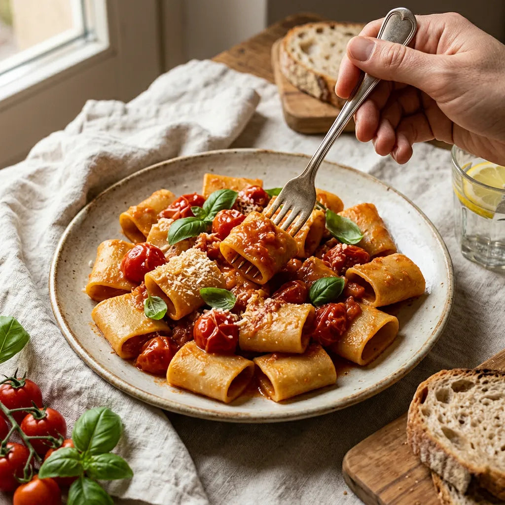 Un primo piano del piatto di Paccheri Piccoli di LEGÙ, 4 legumi italiani decorticati, con sugo ai pomodorini e basilico, una forchetta preleva la pasta. Piatto senza glutine e ricco di proteine vegetali.