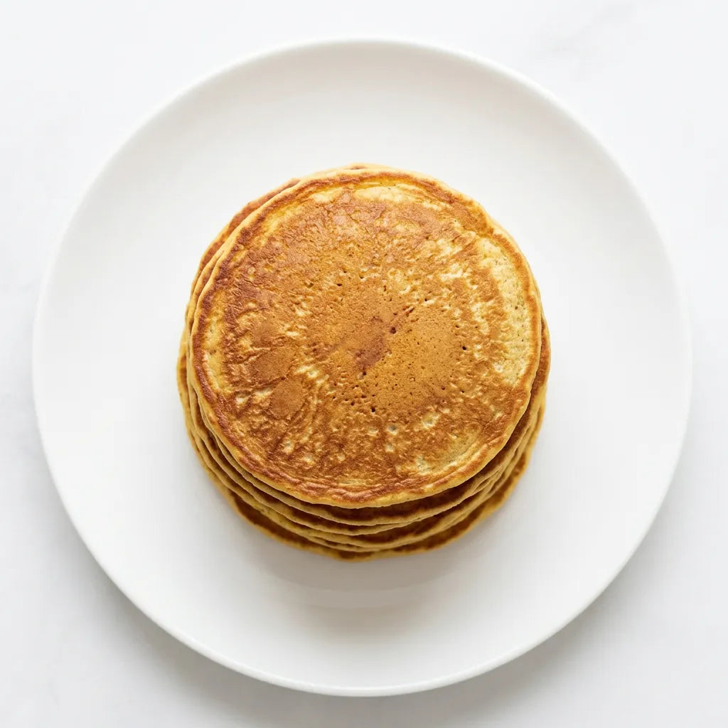 Pancakes Biologici LEGÙ, dorati e soffici, impilati su un piatto bianco, perfetti per una colazione con proteine vegetali e senza glutine.