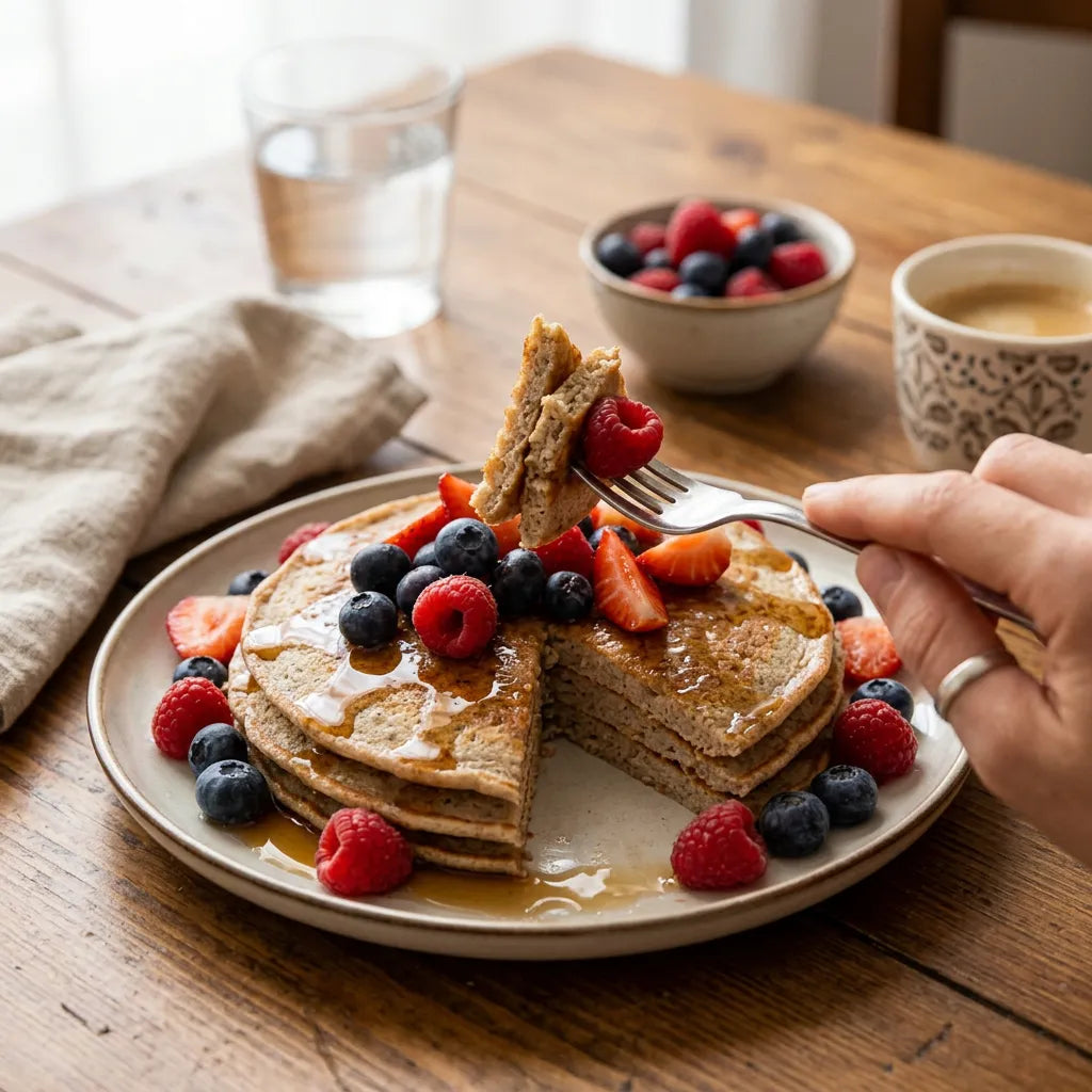 Pancake preparati con farina di sorgo LEGÙ, serviti con frutti di bosco e sciroppo d'acero. Un'opzione per una colazione senza glutine ricca di proteine vegetali, ideale per una dieta sana.