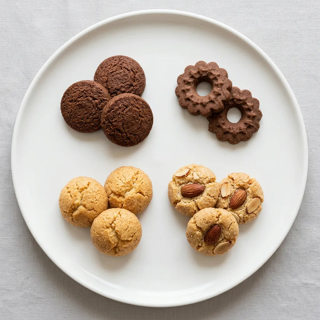 Un piatto bianco con biscotti di legumi e pasticcini assortiti LEGÙ. Include biscotti al cioccolato, amaretti e biscotti con mandorle, dolci senza glutine ricchi di proteine vegetali.
