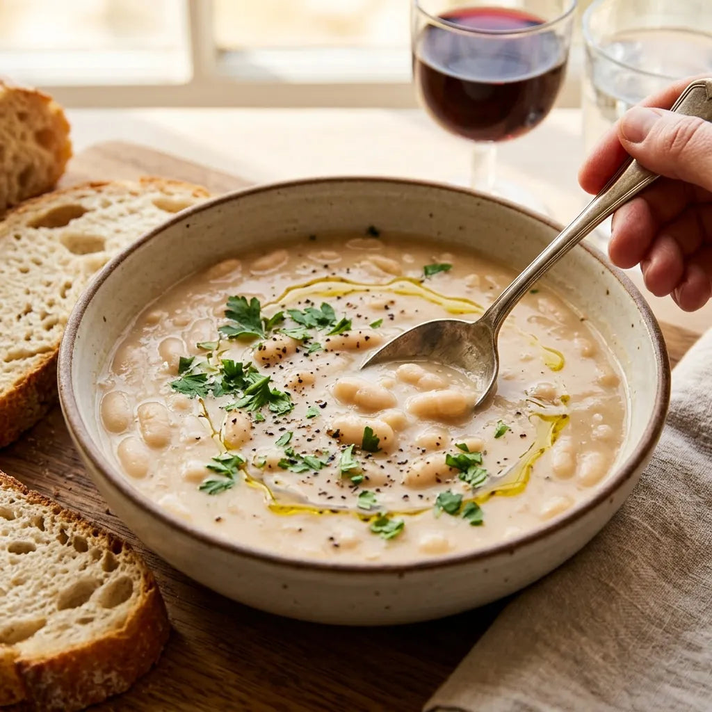 Sopa de alubias cannellini ecológicas LEGÙ, cremosa y sin gluten, perfecta fuente de proteína vegetal, servida con pan.