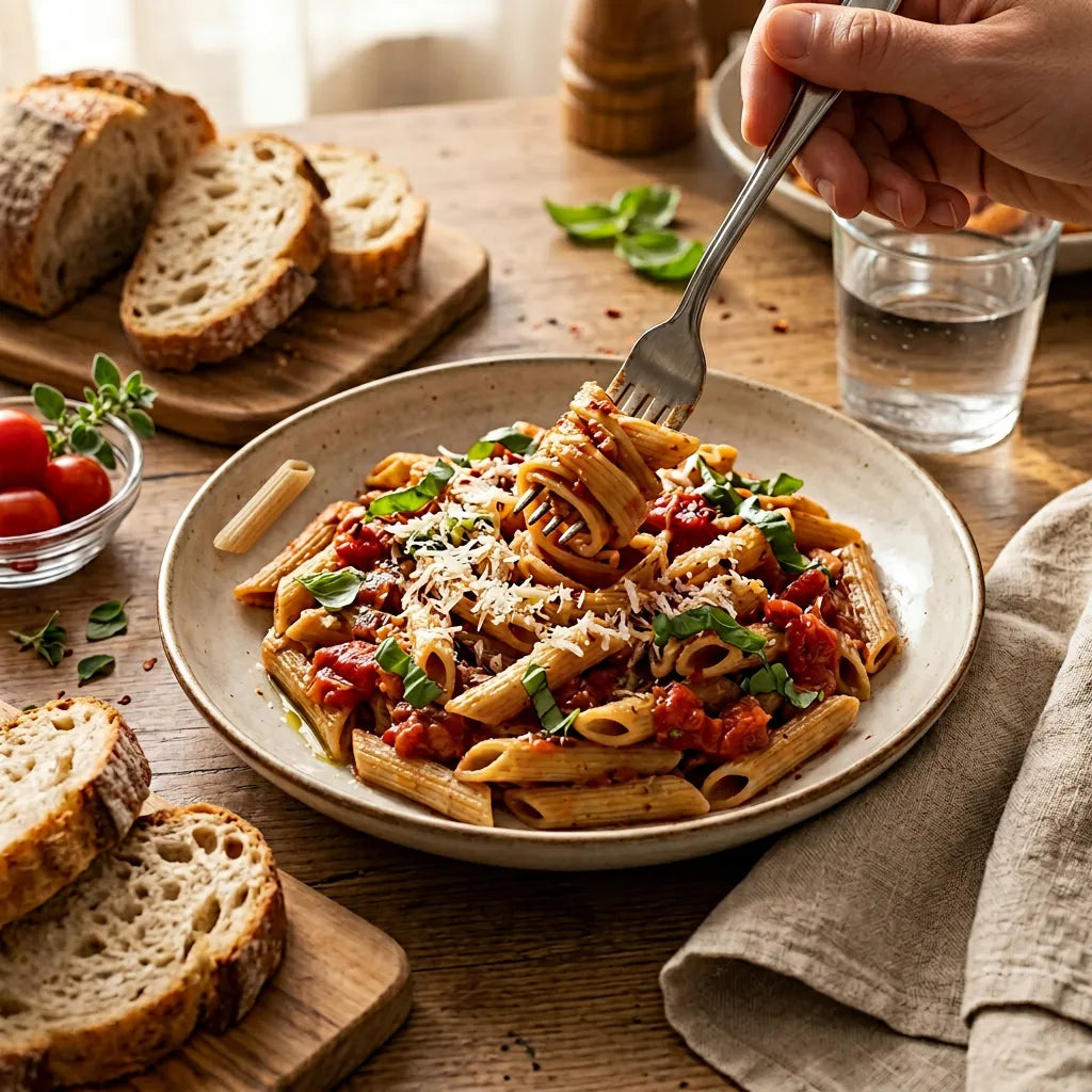 Un piatto invitante di LEGÙ non è pasta Penne 4 Legumi condite, pasta di legumi senza glutine e ricca di proteine vegetali, su un tavolo di legno. Qualcuno prende una forchettata.