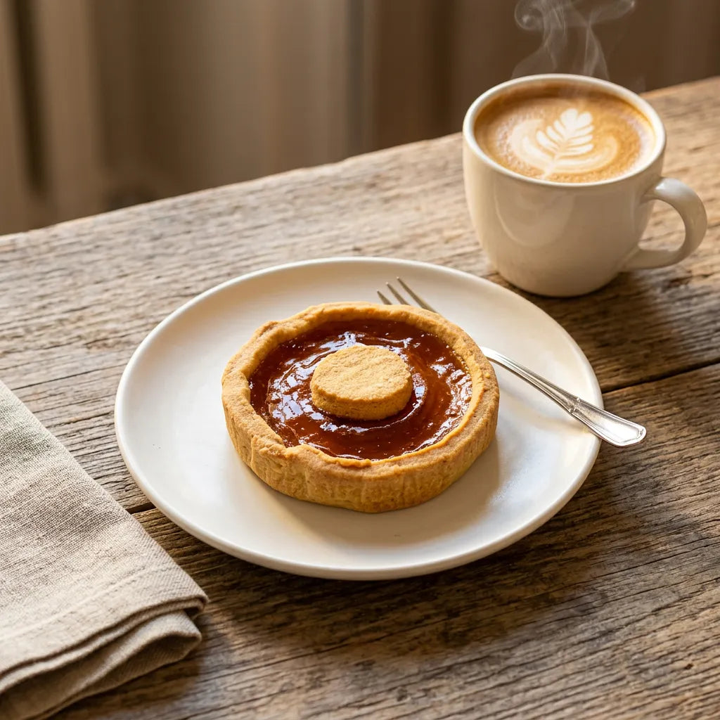 Crostatina all'albicocca LEGÙ su piatto bianco con tazza di cappuccino fumante, dessert di legumi per una pausa dolce e senza glutine.