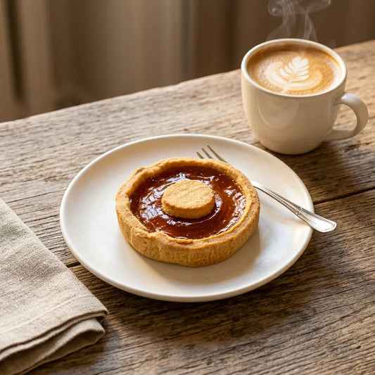 Crostatina all'albicocca LEGÙ su piatto bianco con tazza di cappuccino fumante, dessert di legumi per una pausa dolce e senza glutine.