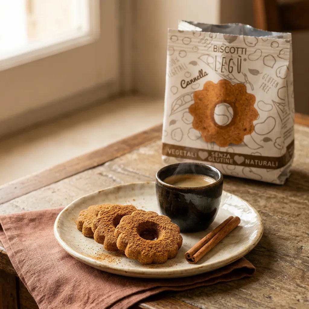 Cinnamon legume and rice cookies LEGÙ on a white plate, accompanied by a cup of coffee and cinnamon sticks. Gluten-free and plant-based protein cookies.