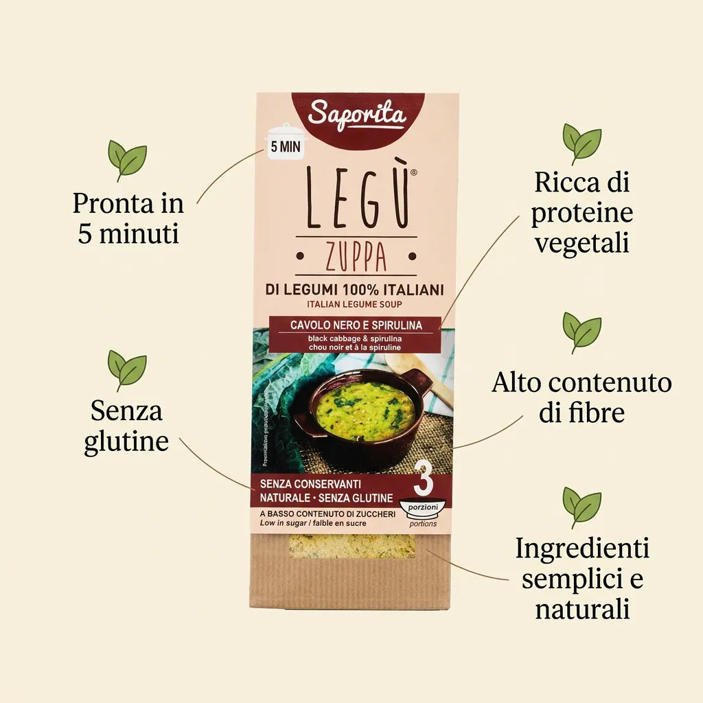 Infografica con confezione di Zuppa Saporita LEGÙ cavolo nero e spirulina. Vengono evidenziati benefici come: pronta in 5 minuti, senza glutine, ricca di proteine vegetali, alto contenuto di fibre, ingredienti semplici e naturali.