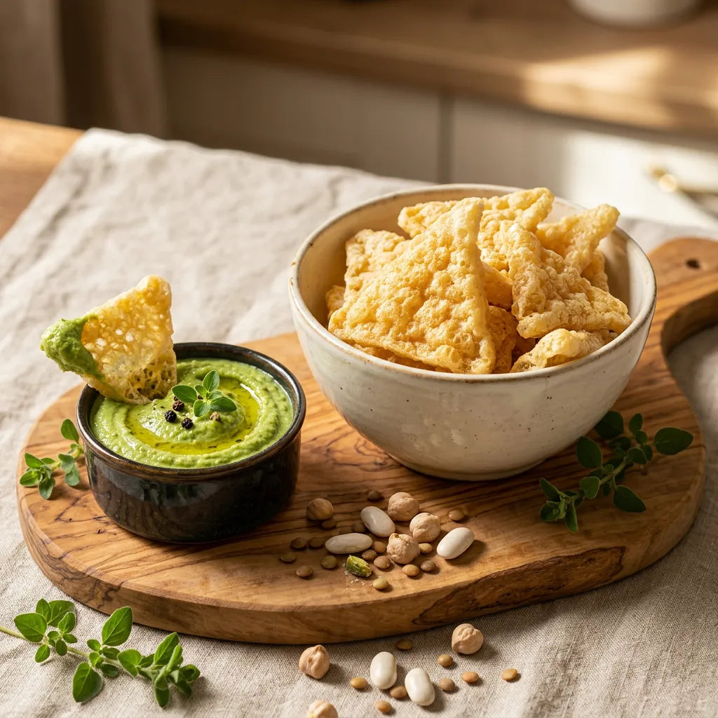 Triangoli Classici LEGÙ, snack di legumi croccanti in ciotola con hummus di piselli su tagliere di legno, fonte di proteine vegetali, senza glutine.