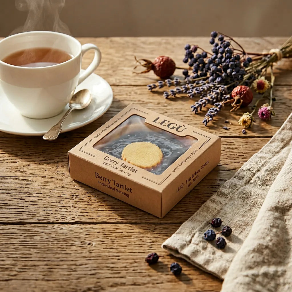 Scatola di Legù Berry Tartlet su tavolo di legno, con tazza da tè e decorazioni. Crostatina ai frutti di bosco, un dolce delizioso e senza glutine, ideale con proteine vegetali.