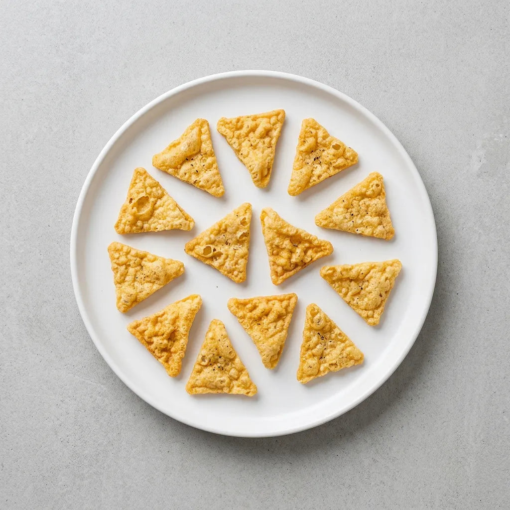 Triangoli Tartufo LEGÙ, snack croccanti a base di legumi italiani senza glutine, ricchi di proteine vegetali, disposti su un piatto bianco.