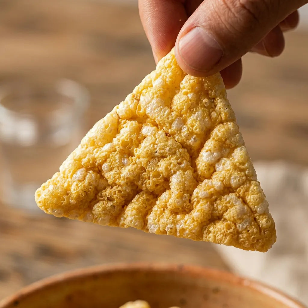 Mano che tiene un triangolo di quinoa e legumi LEGÙ, snack salato croccante con limone e pepe, ricco di proteine vegetali e senza glutine.