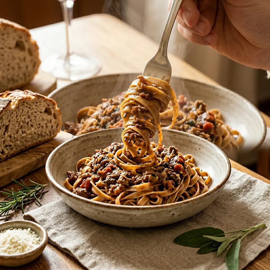 Tagliatelle alle Castagne LEGÙ avvolte attorno a una forchetta, pronte per essere mangiate, con sugo di legumi e carne. Piatto invitante, senza glutine e ricco di proteine vegetali.