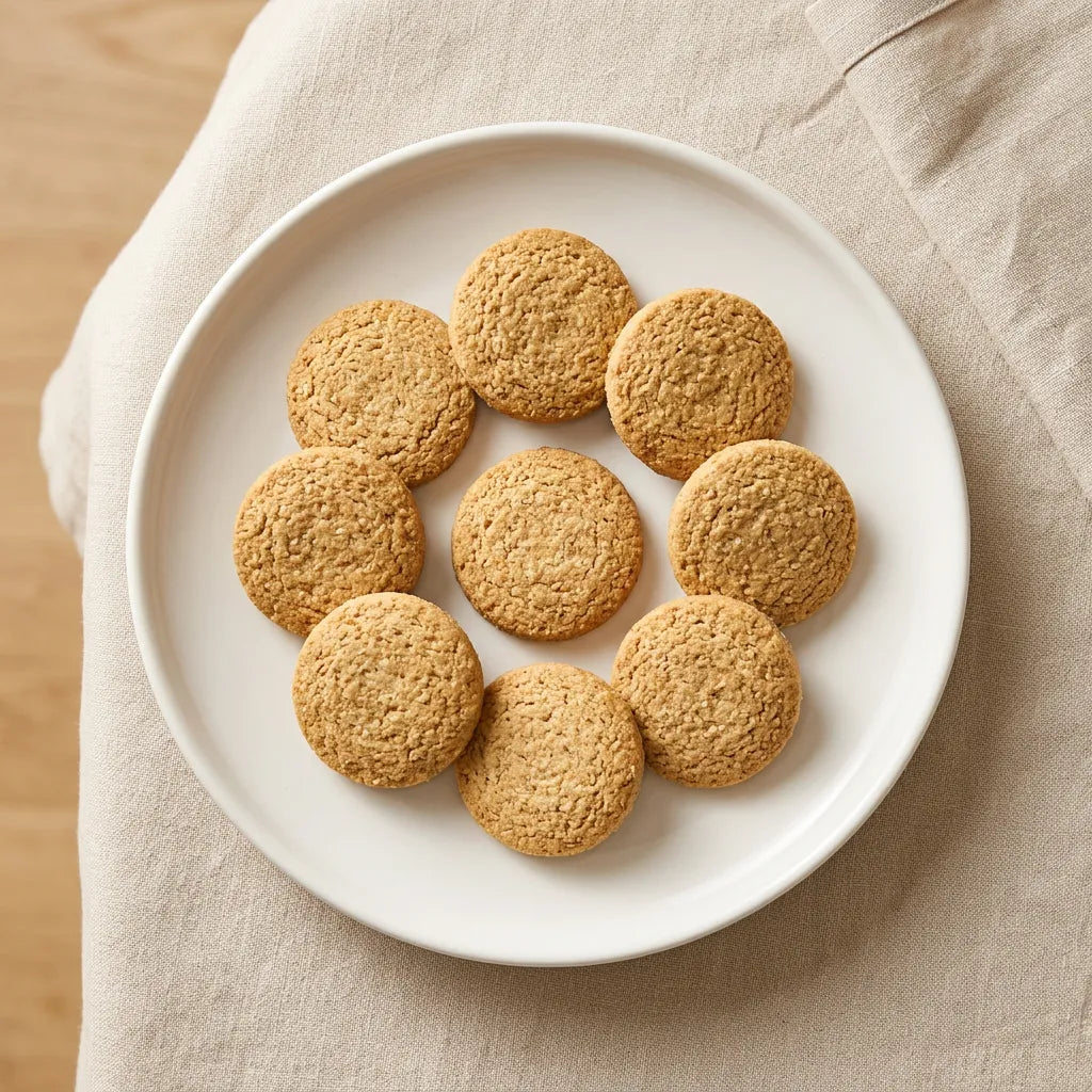Biscotti alla vaniglia LEGÙ disposti ordinatamente su un piatto bianco, snack a base di legumi senza glutine e con proteine vegetali.