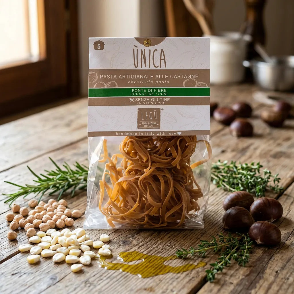 Confezione di Tagliatelle alle Castagne LEGÙ su tavolo di legno, pasta di legumi senza glutine con ingredienti come ceci e mais, con noci e rosmarino, per una dieta ricca di proteine vegetali.