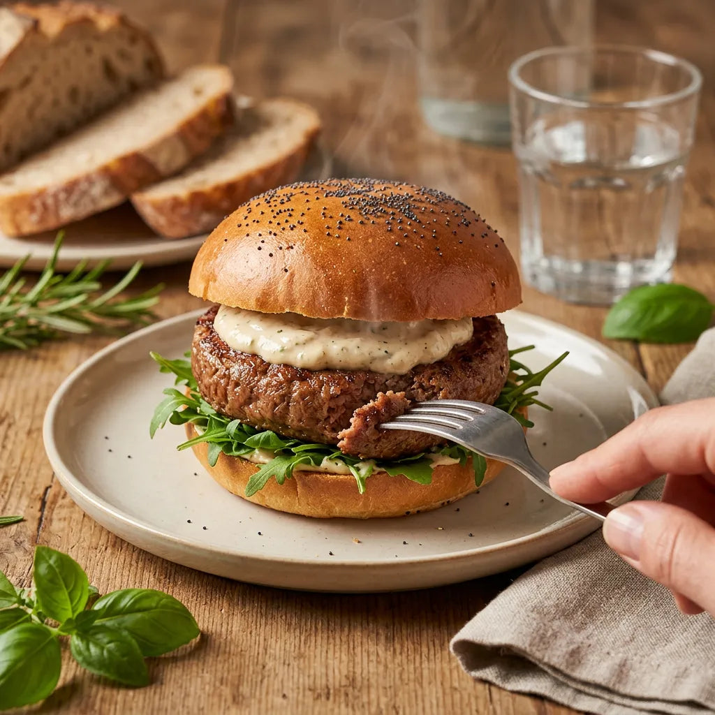 Un succulento burger LEGÙ Mix Burger a base di legumi, senza glutine, su pane con rucola e salsa, mentre viene diviso con una forchetta. Proteine vegetali saporite.
