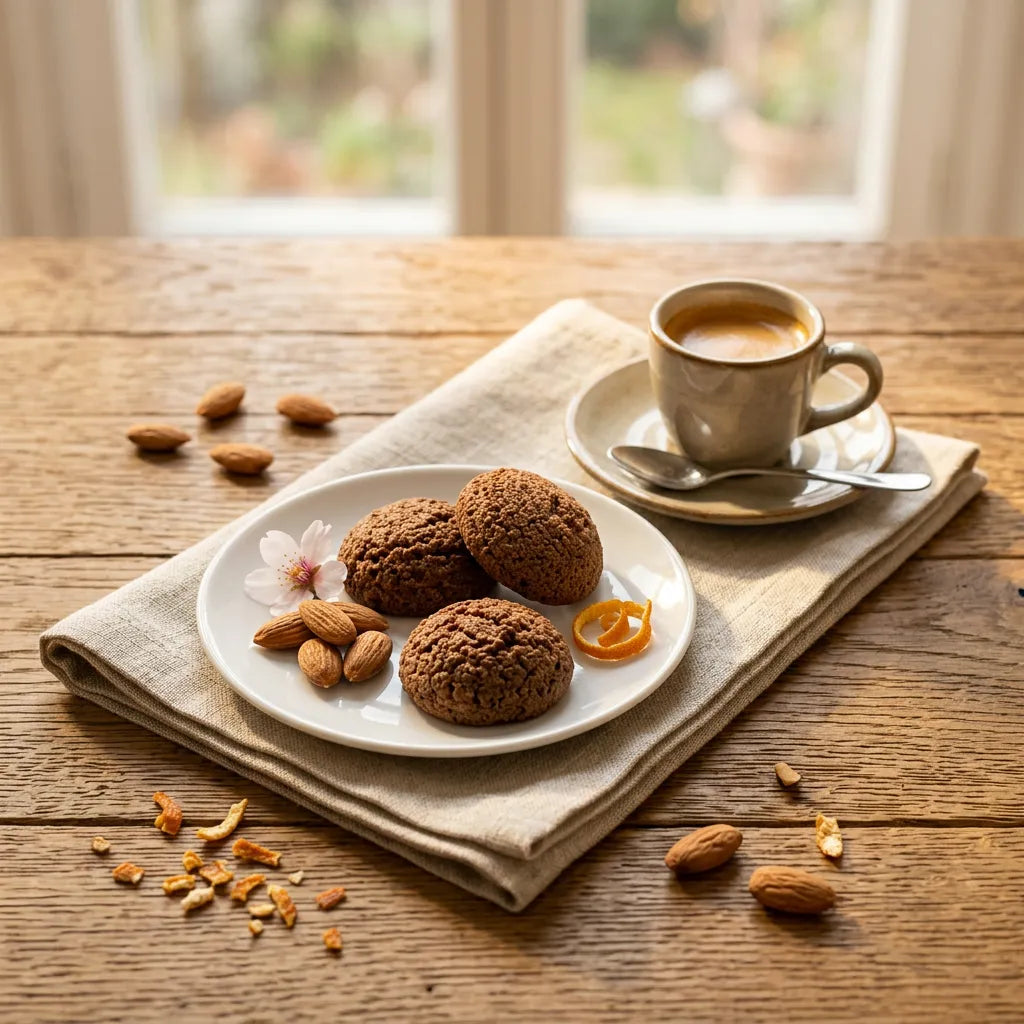 Pasticcini assortiti LEGÙ alle mandorle e arancia su piatto bianco, serviti con caffè. Dolcetti di legumi senza glutine.
