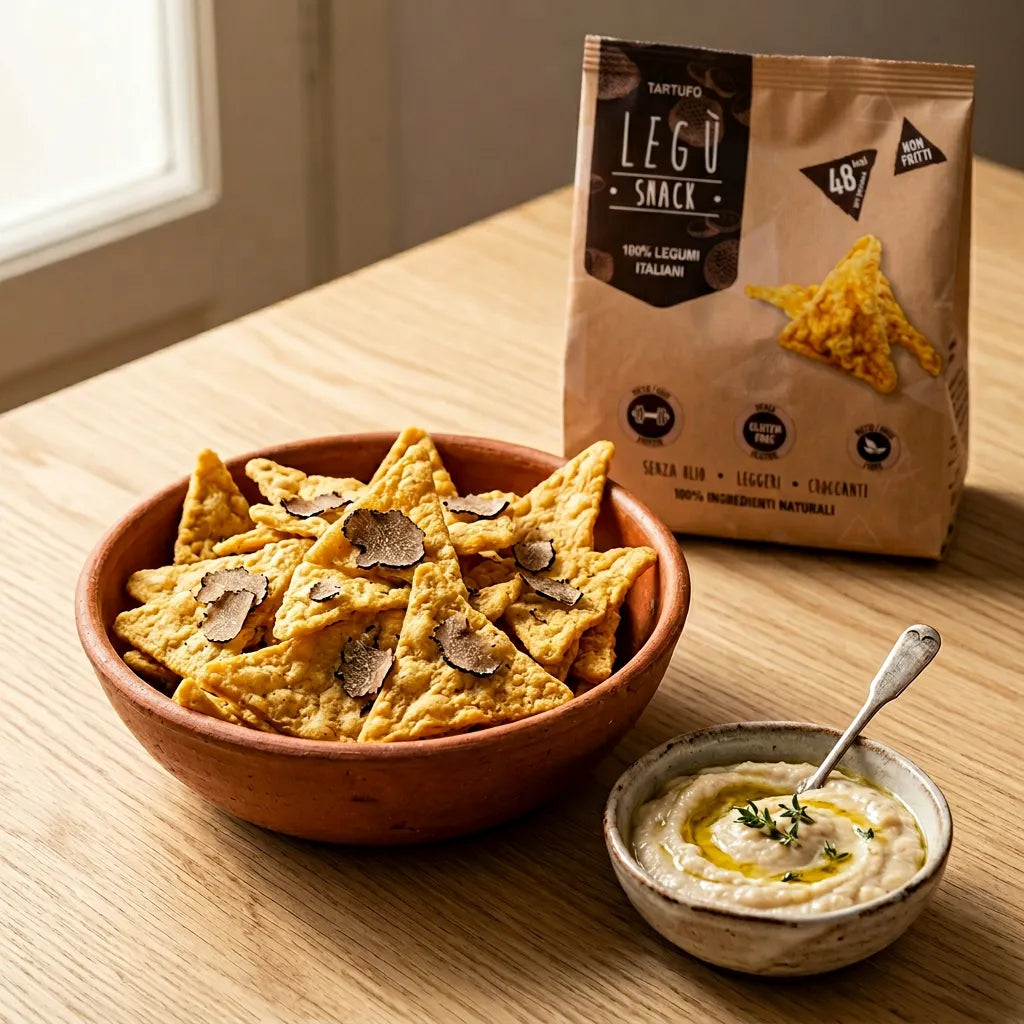 Snack Triangoli al tartufo LEGÙ, a base di legumi italiani, senza glutine e ricchi di proteine vegetali, serviti in una ciotola con salsa.