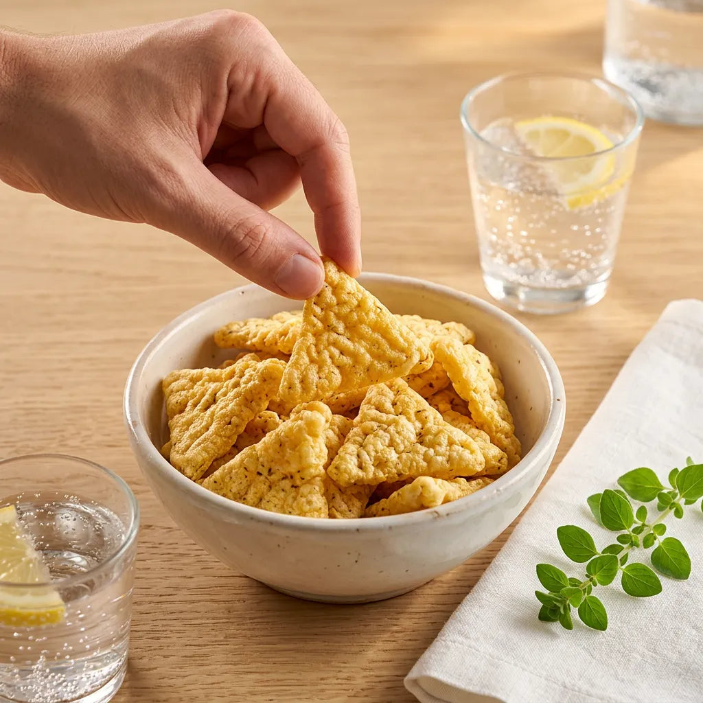 Una mano prende un triangolo Origano LEGÙ da una ciotola rustica, snack di legumi senza glutine e ricco di proteine vegetali, con bevande e origano fresco in tavola.
