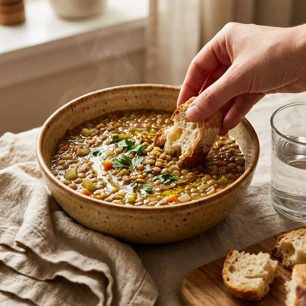Una mano che intinge pane in una fumante ciotola di lenticchie italiane di montagna LEGÙ, zuppa di legumi ricca e senza glutine, fonte di proteine vegetali.
