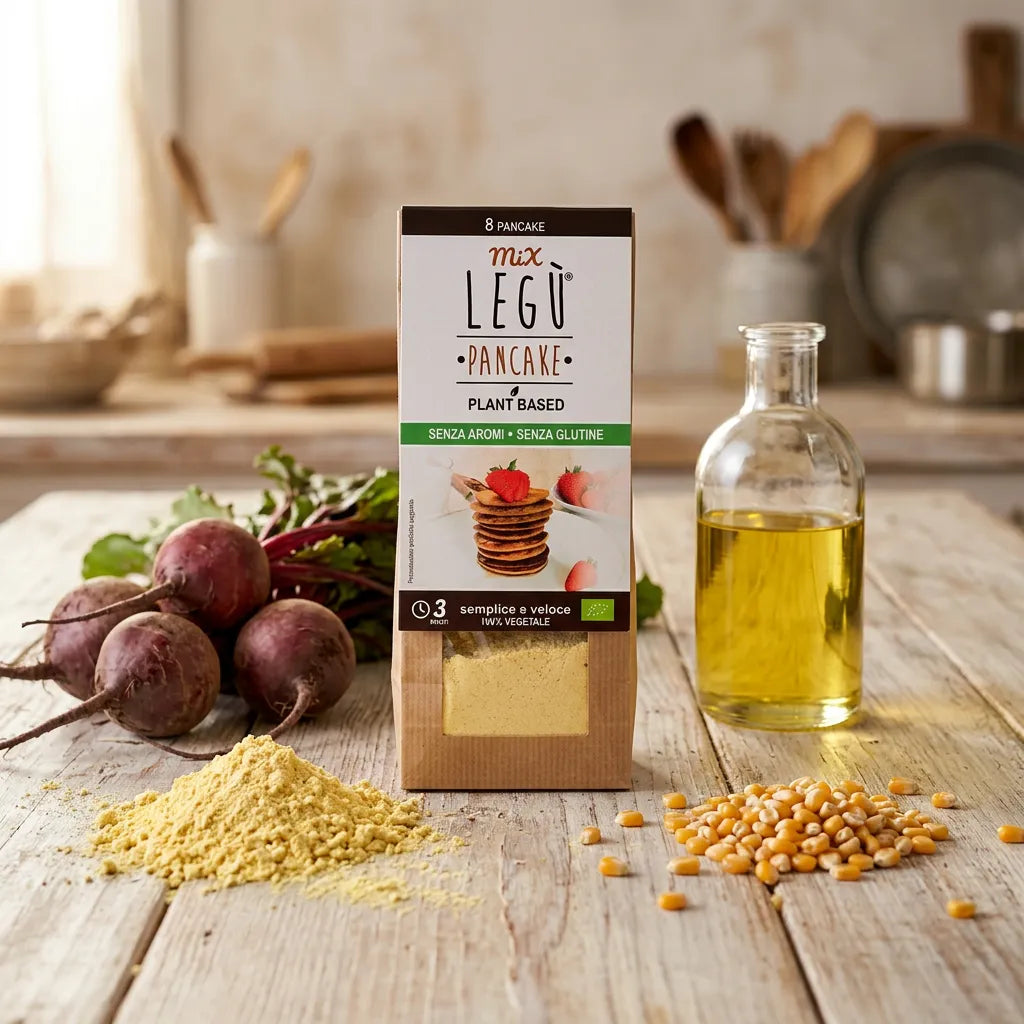 Confezione di Mix Pancake LEGÙ plant based, senza aromi e senza glutine, su tavolo di legno con ingredienti crudi.