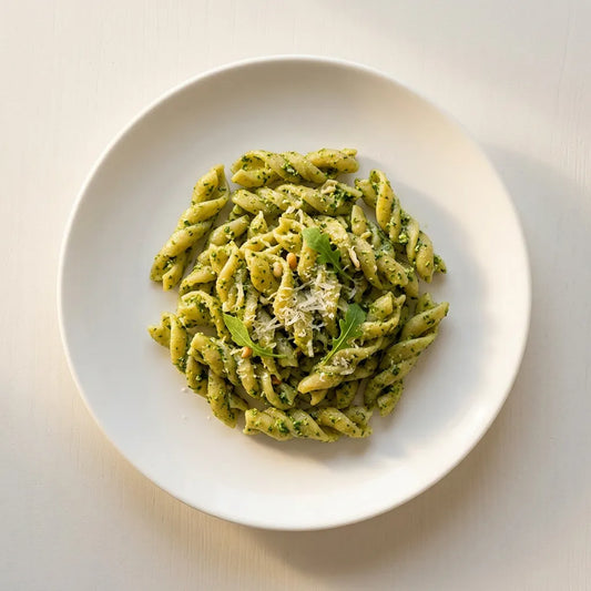 Intrecci – 4 Legumi LEGÙ conditi con pesto verde, pinoli e scaglie di formaggio. Pasta di legumi senza glutine ricca di proteine vegetali.
