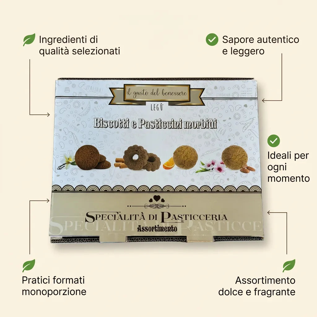 Infografica con scatola di biscotti e pasticcini morbidi LEGÙ, prodotti con legumi, che offre un assortimento dolce e fragrante, ideali per ogni momento, e realizzati con ingredienti di qualità selezionati.