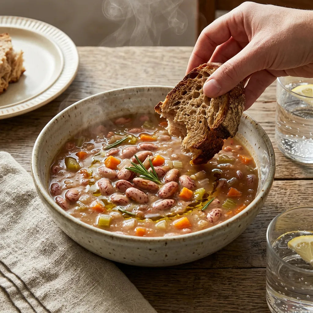 Hand dips whole wheat bread into a bowl of steaming LEGÙ Organic Borlotti Bean soup, with fresh vegetables and rosemary. Recipe rich in legumes and vegetable protein.