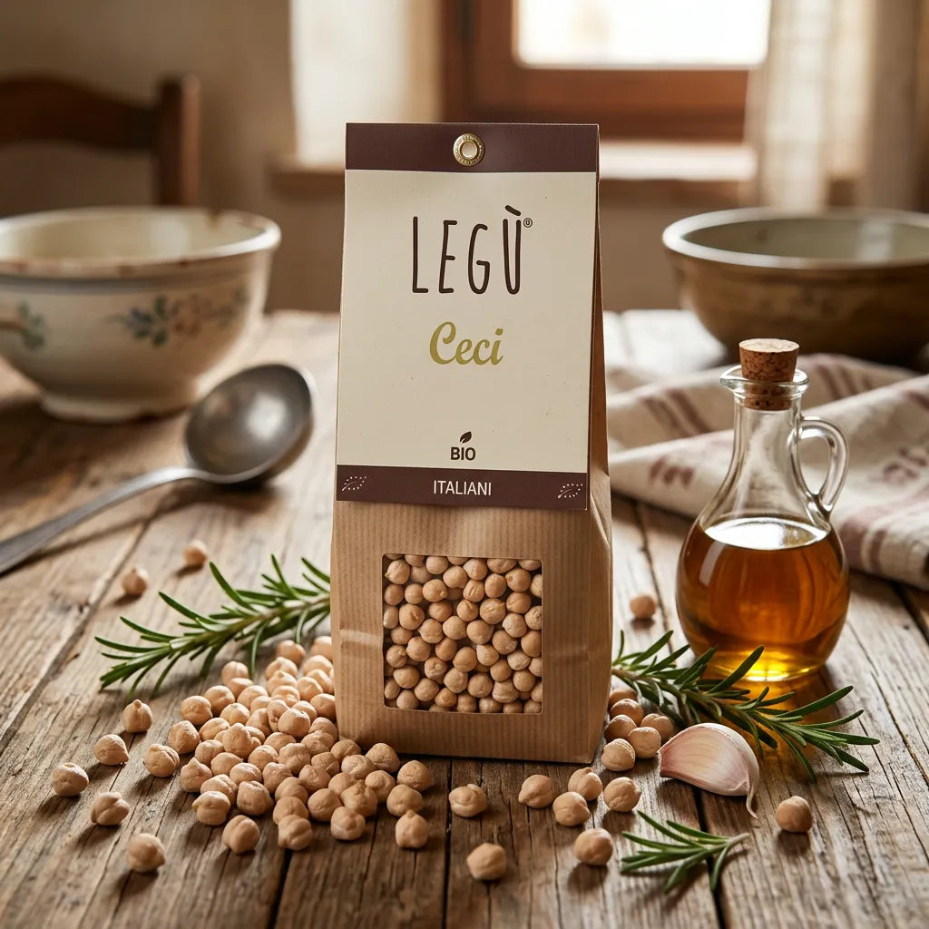 Sacchetto di ceci biologici LEGÙ su tavolo di legno con rosmarino e aglio, legumi senza glutine e ricchi di proteine vegetali.