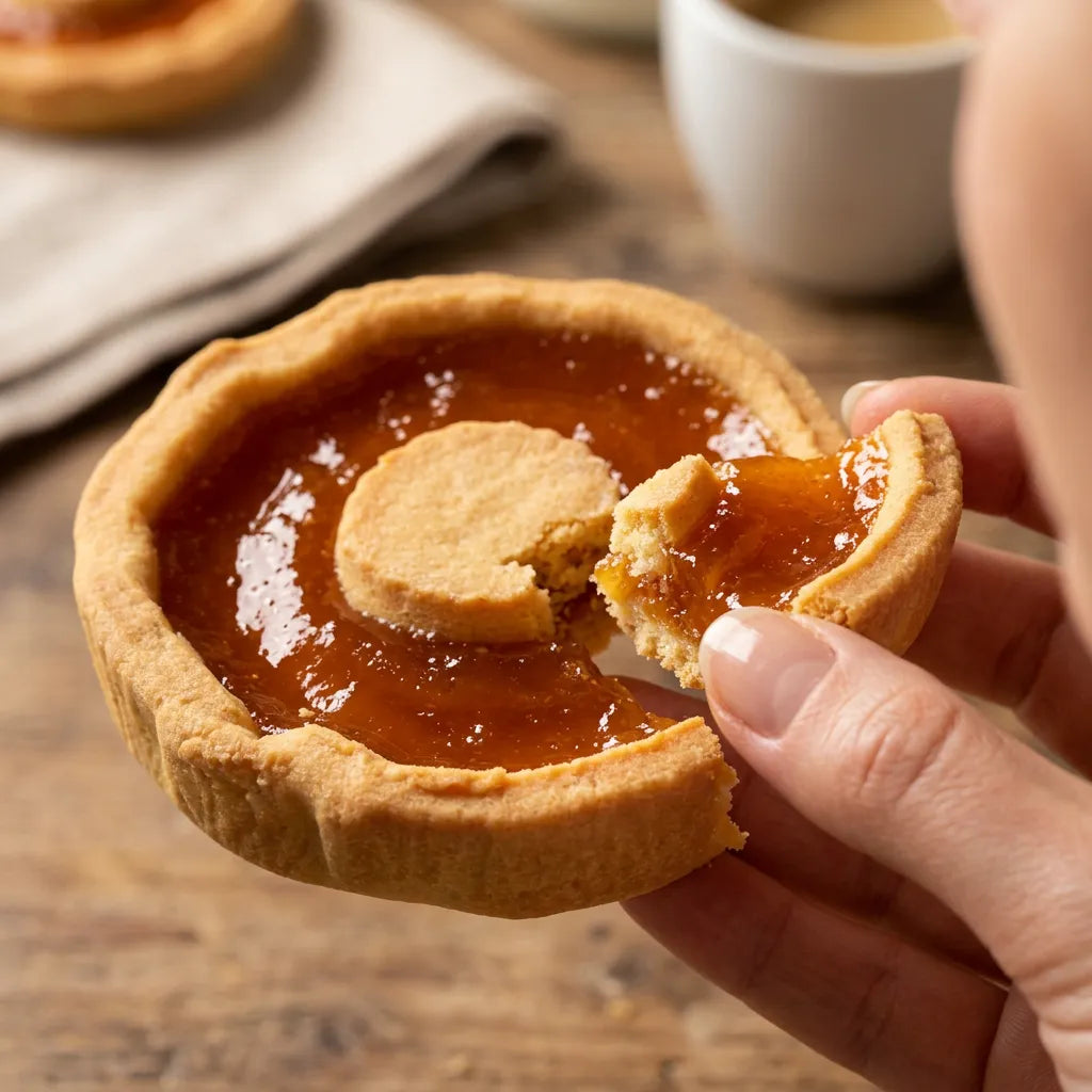 Una mano tiene e morde una crostatina all'albicocca LEGÙ, morbido guscio senza glutine ripieno di confettura di albicocche.