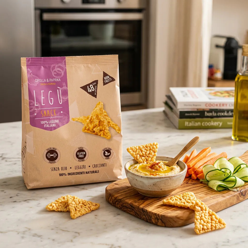 Confezione di Triangoli Cipolla e Paprica LEGÙ su mobile, a lato ciotola di hummus con verdure. Snack di legumi, senza glutine e con proteine vegetali.