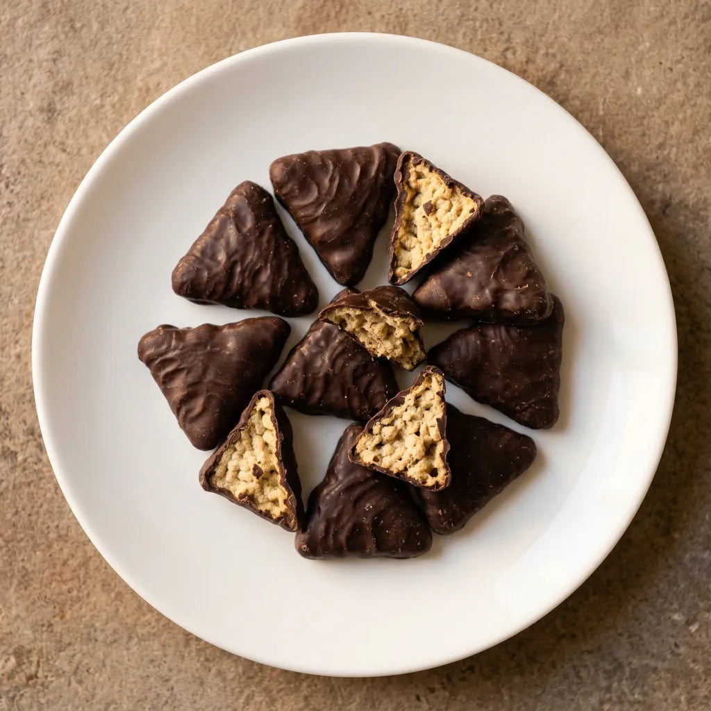 Italian peeled legume triangles coated in dark chocolate on a white plate, some broken to show the inside, gluten-free, plant-protein-rich treats.