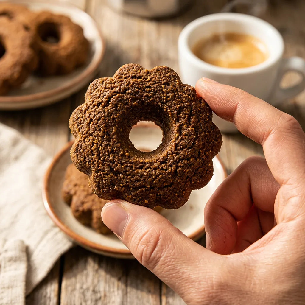 Un biscotto LEGÙ alla cannella a forma di fiore tenuto in mano, con altri biscotti e caffè in sfondo, ricco di proteine vegetali e senza glutine.