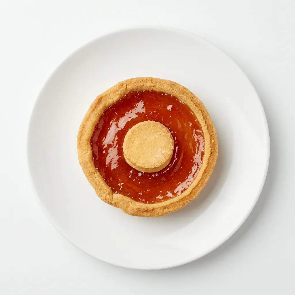 Crostatina all'albicocca LEGÙ su piatto bianco, un dessert di legumi per una pausa golosa, con proteine vegetali e senza glutine.