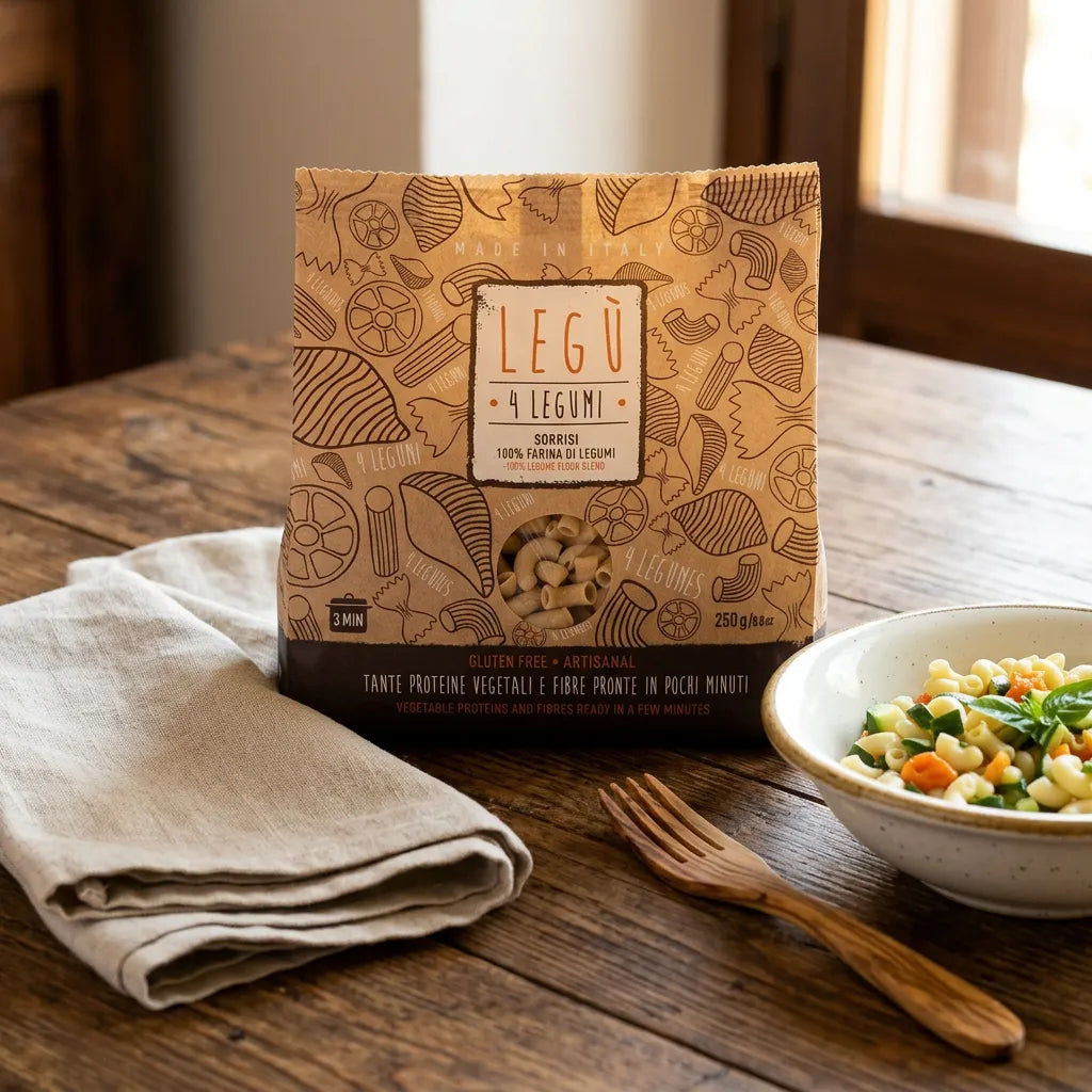 Confezione di LEGÙ Sorrisi 4 Legumi su tavola in legno con piatto di pasta senza glutine, ricca di proteine vegetali.
