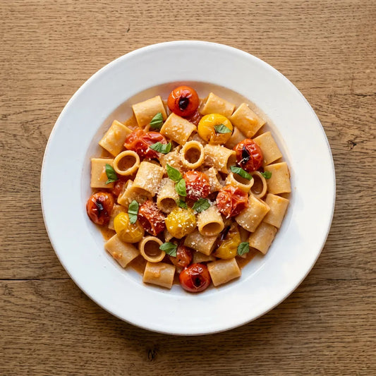 Paccheri Pequeños LEGÙ con 4 legumbres peladas, aderezados con tomates cherry asados, albahaca y queso rallado. Plato sin gluten, rico en proteínas vegetales.