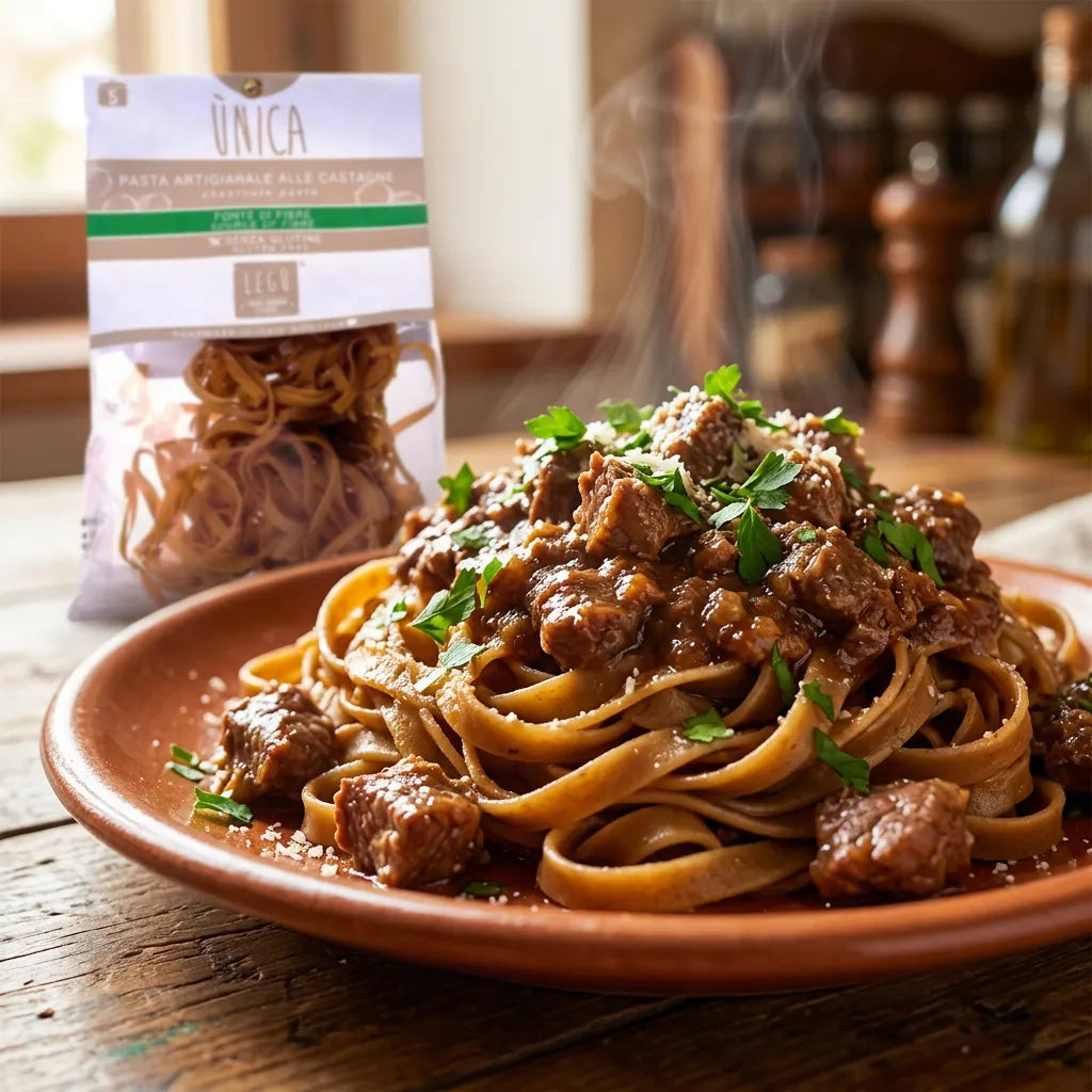 Tagliatelle alle Castagne LEGÙ condite con sugo di carne e prezzemolo, pasta di legumi senza glutine con proteine vegetali, in primo piano.